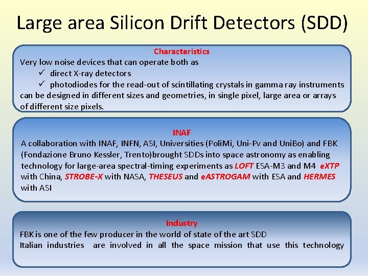 Large area Silicon Drift Detectors (SDD) Characteristics Very low noise devices that can operate