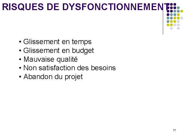 RISQUES DE DYSFONCTIONNEMENT • Glissement en temps • Glissement en budget • Mauvaise qualité