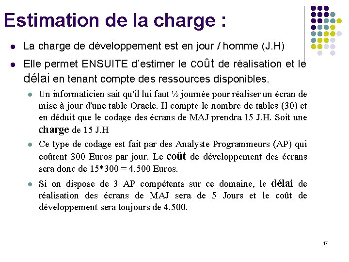 Estimation de la charge : l l La charge de développement est en jour