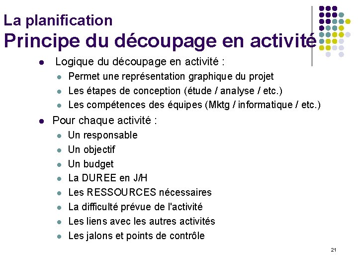 La planification Principe du découpage en activité l Logique du découpage en activité :