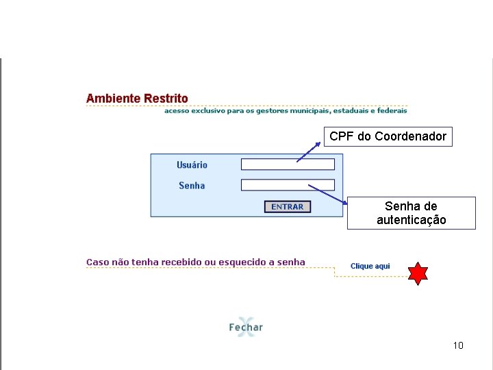 CPF do Coordenador Senha de autenticação 10 