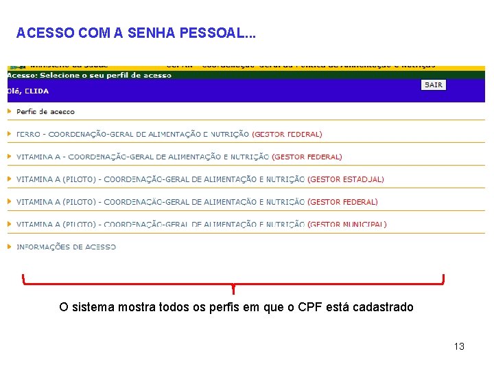 ACESSO COM A SENHA PESSOAL. . . O sistema mostra todos os perfis em