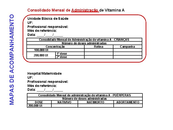 MAPAS DE ACOMPANHAMENTO Consolidado Mensal de Administração de Vitamina A Unidade Básica de Saúde