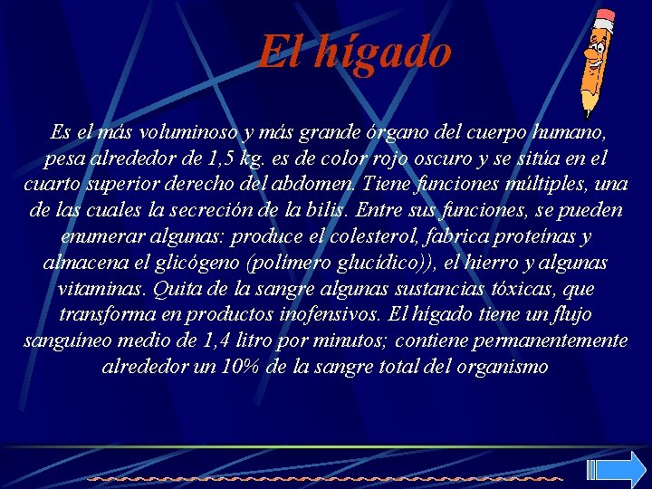 El hígado Es el más voluminoso y más grande órgano del cuerpo humano, pesa