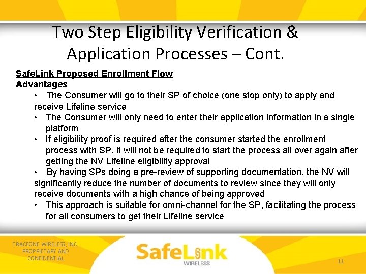 Two Step Eligibility Verification & Application Processes – Cont. Safe. Link Proposed Enrollment Flow
