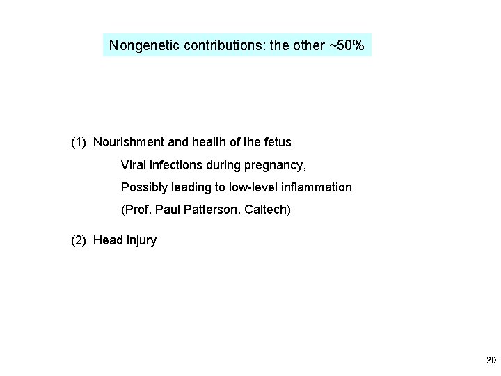 Nongenetic contributions: the other ~50% (1) Nourishment and health of the fetus Viral infections