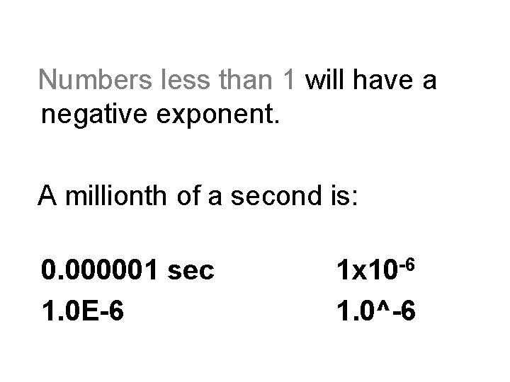 Numbers less than 1 will have a negative exponent. A millionth of a second