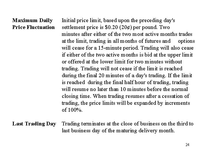 Maximum Daily Price Fluctuation Initial price limit, based upon the preceding day's settlement price