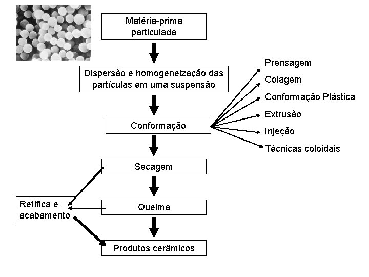 Matéria-prima particulada Prensagem Dispersão e homogeneização das partículas em uma suspensão Colagem Conformação Plástica