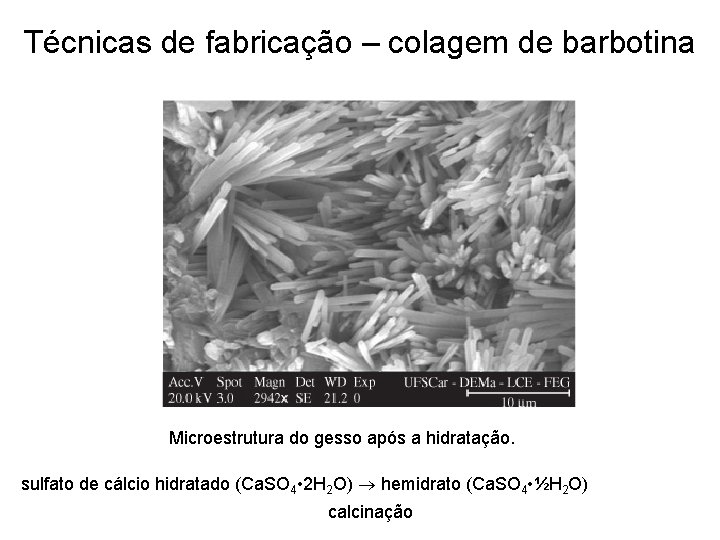 Técnicas de fabricação – colagem de barbotina Microestrutura do gesso após a hidratação. sulfato