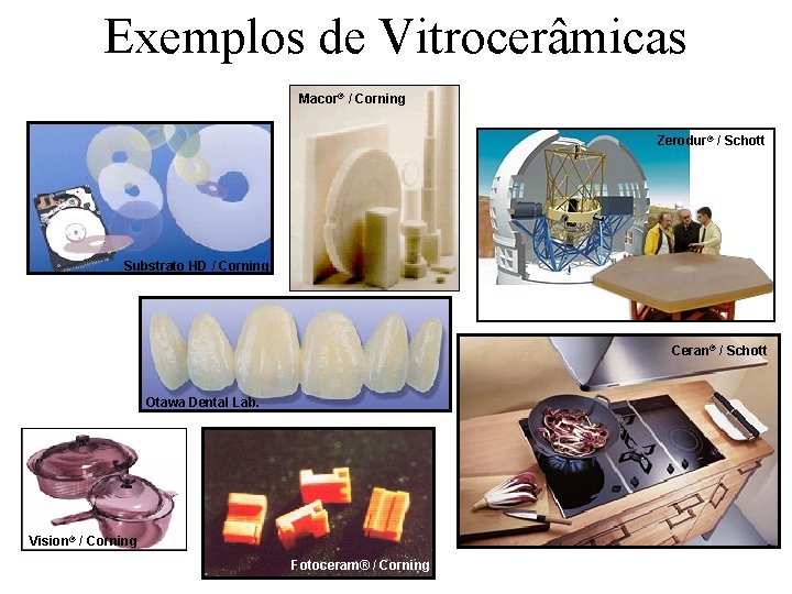 Exemplos de Vitrocerâmicas Macor® / Corning Zerodur® / Schott Substrato HD / Corning Ceran®