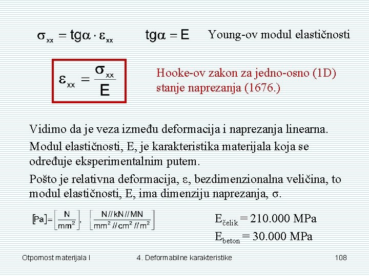 Young-ov modul elastičnosti Hooke-ov zakon za jedno-osno (1 D) stanje naprezanja (1676. ) Vidimo