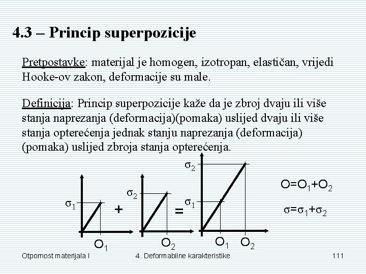 4. 3 – Princip superpozicije Pretpostavke: materijal je homogen, izotropan, elastičan, vrijedi Hooke-ov zakon,