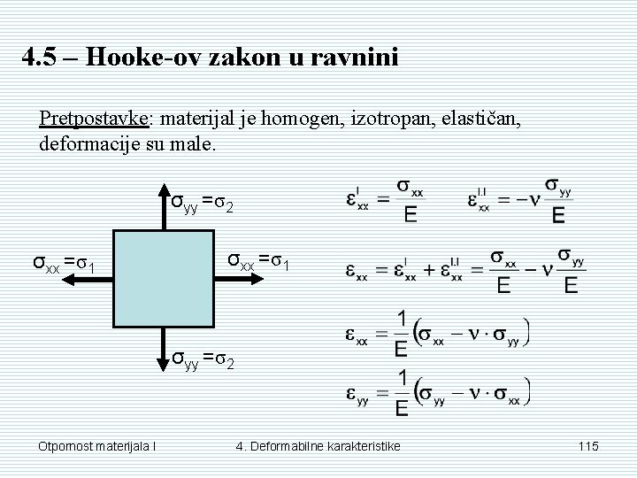 4. 5 – Hooke-ov zakon u ravnini Pretpostavke: materijal je homogen, izotropan, elastičan, deformacije
