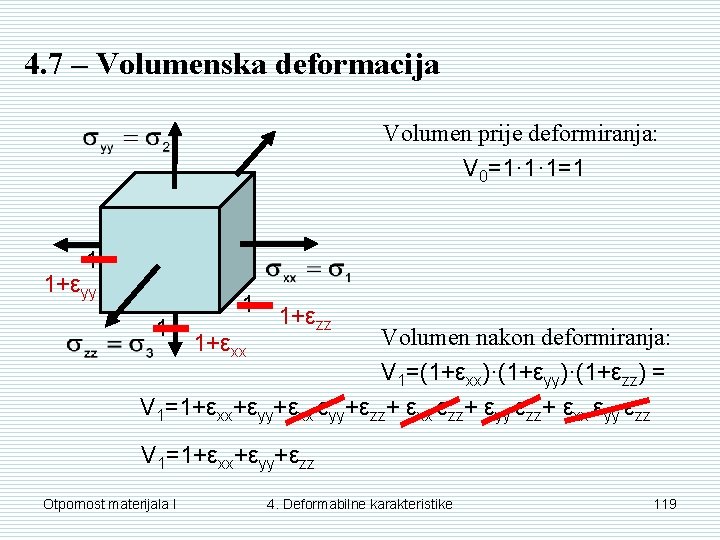 4. 7 – Volumenska deformacija Volumen prije deformiranja: V 0=1· 1· 1=1 1 1+εyy