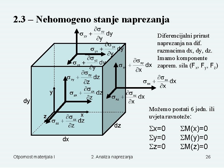 2. 3 – Nehomogeno stanje naprezanja Diferencijalni prirast naprezanja na dif. razmacima dx, dy,
