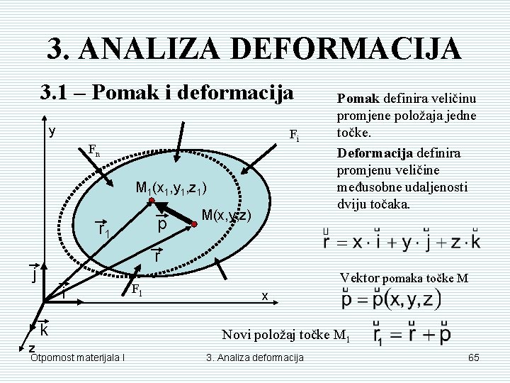 3. ANALIZA DEFORMACIJA 3. 1 – Pomak i deformacija y Fi Fn M 1(x