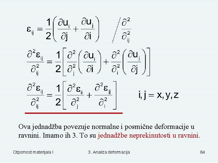 Ova jednadžba povezuje normalne i posmične deformacije u ravnini. Imamo ih 3. To su