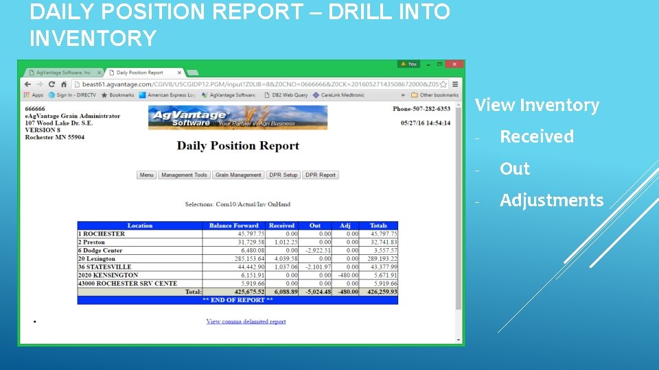 DAILY POSITION REPORT – DRILL INTO INVENTORY View Inventory - Received - Out -