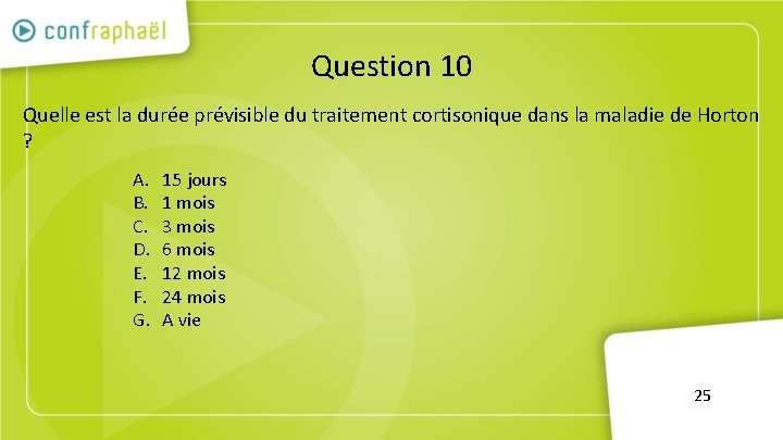 Question 10 Quelle est la durée prévisible du traitement cortisonique dans la maladie de