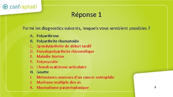 Réponse 1 Parmi les diagnostics suivants, lesquels vous semblent possibles ? A. B. C.