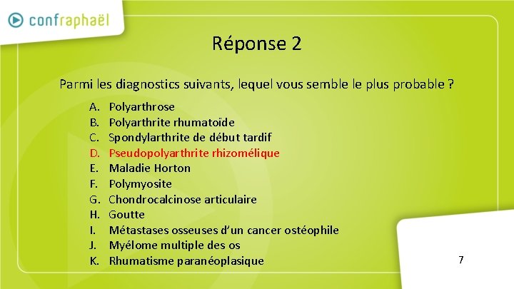 Réponse 2 Parmi les diagnostics suivants, lequel vous semble le plus probable ? A.