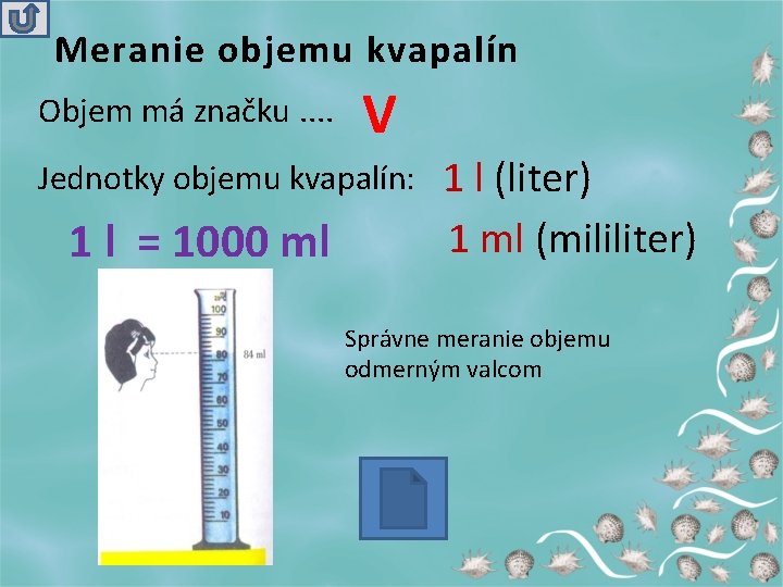 Meranie objemu kvapalín Objem má značku. . V Jednotky objemu kvapalín: 1 l =