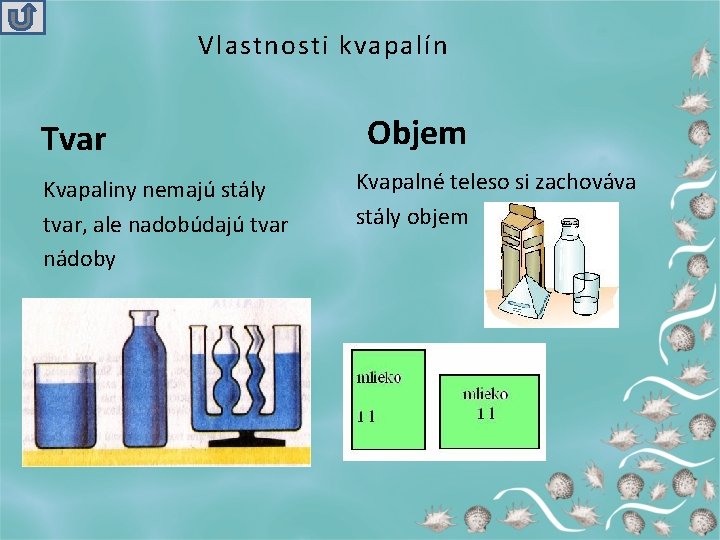 Vlastnosti kvapalín Tvar Kvapaliny nemajú stály tvar, ale nadobúdajú tvar nádoby Objem Kvapalné teleso