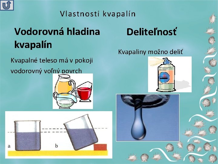 Vlastnosti kvapalín Vodorovná hladina kvapalín Kvapalné teleso má v pokoji vodorovný voľný povrch Deliteľnosť