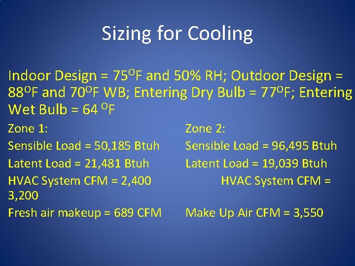 Sizing for Cooling Indoor Design = 75 OF and 50% RH; Outdoor Design =