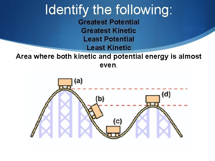 Identify the following: Greatest Potential Greatest Kinetic Least Potential Least Kinetic Area where both