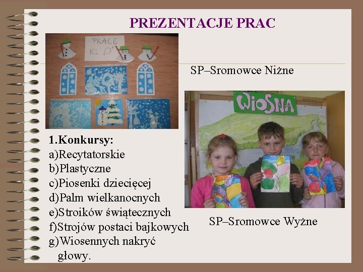 PREZENTACJE PRAC SP–Sromowce Niżne 1. Konkursy: a)Recytatorskie b)Plastyczne c)Piosenki dziecięcej d)Palm wielkanocnych e)Stroików świątecznych