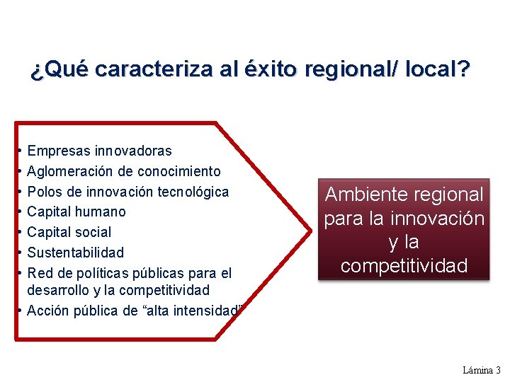 ¿Qué caracteriza al éxito regional/ local? • • Empresas innovadoras Aglomeración de conocimiento Polos