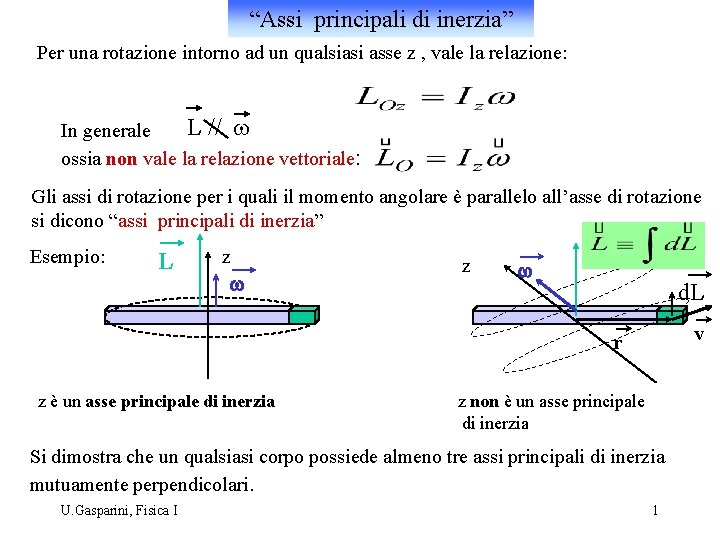 “Assi principali di inerzia” Per una rotazione intorno ad un qualsiasi asse z ,