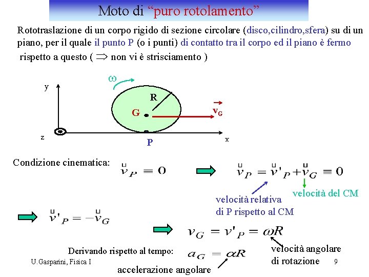 Moto di “puro rotolamento” Rototraslazione di un corpo rigido di sezione circolare (disco, cilindro,