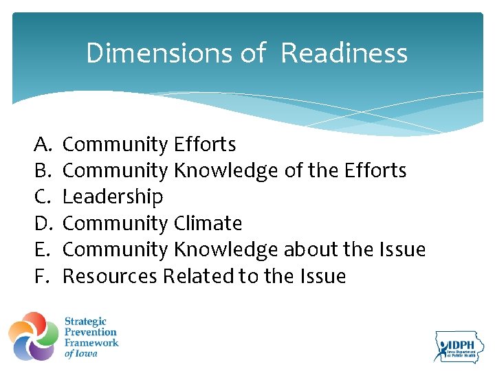 Dimensions of Readiness A. B. C. D. E. F. Community Efforts Community Knowledge of