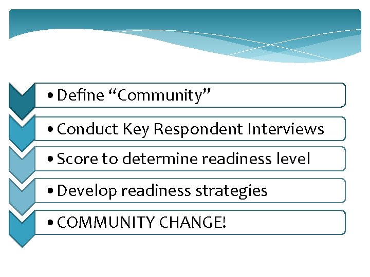  • Define “Community” • Conduct Key Respondent Interviews • Score to determine readiness