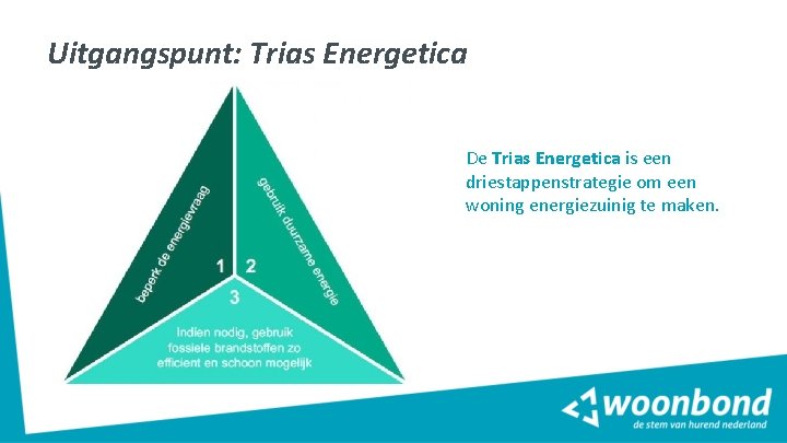 Uitgangspunt: Trias Energetica De Trias Energetica is een driestappenstrategie om een woning energiezuinig te Uitgangspunt: Trias Energetica De Trias Energetica is een driestappenstrategie om een woning energiezuinig te