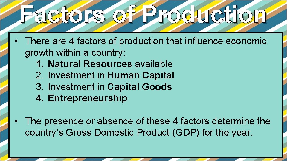 Factors of Production • There are 4 factors of production that influence economic growth