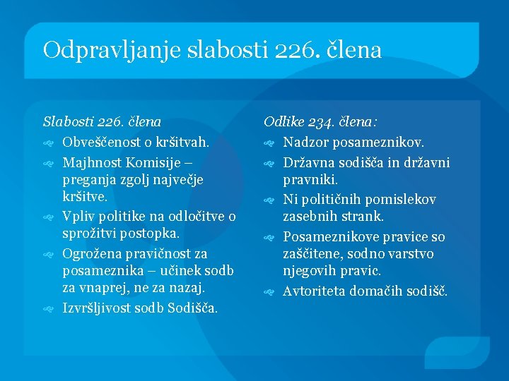 Odpravljanje slabosti 226. člena Slabosti 226. člena Obveščenost o kršitvah. Majhnost Komisije – preganja