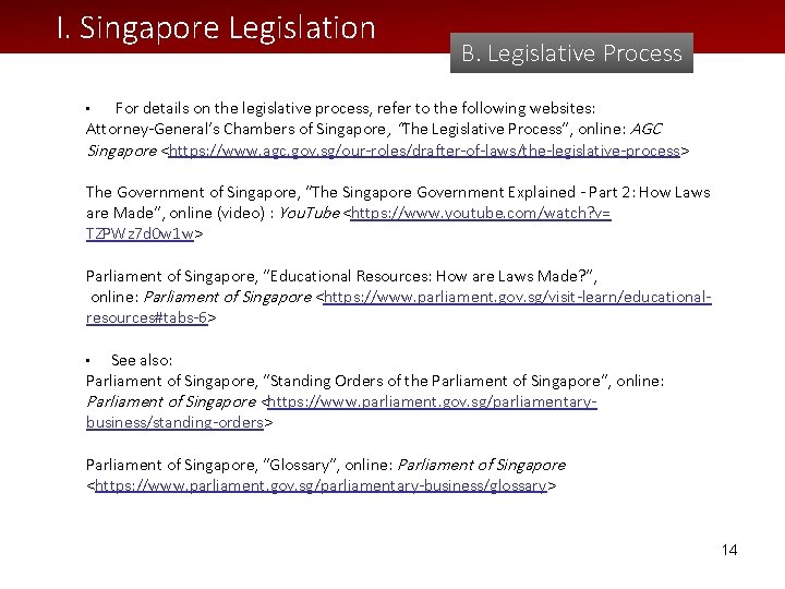 I. Singapore Legislation B. Legislative Process For details on the legislative process, refer to