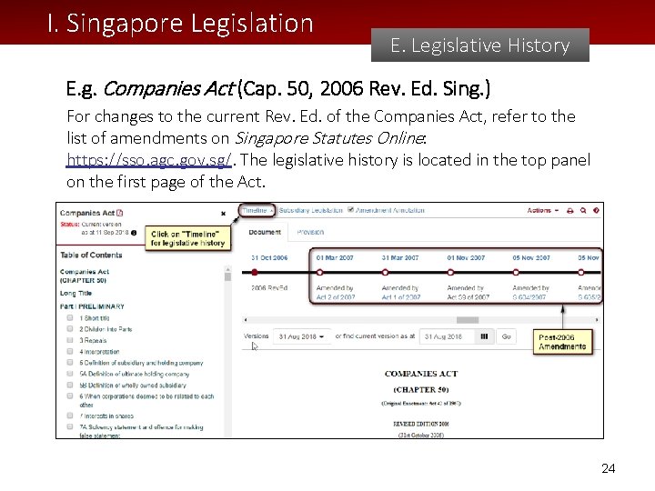 I. Singapore Legislation E. Legislative History E. g. Companies Act (Cap. 50, 2006 Rev.