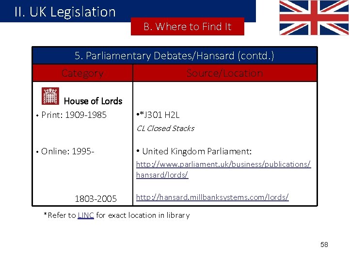 II. UK Legislation B. Where to Find It 5. Parliamentary Debates/Hansard (contd. ) Category