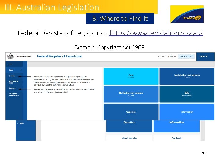 III. Australian Legislation B. Where to Find It Federal Register of Legislation: https: //www. III. Australian Legislation B. Where to Find It Federal Register of Legislation: https: //www.