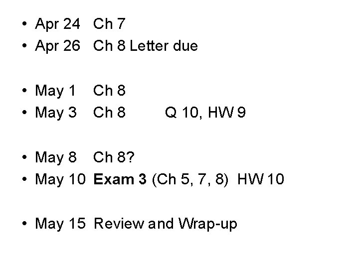  • Apr 24 Ch 7 • Apr 26 Ch 8 Letter due •