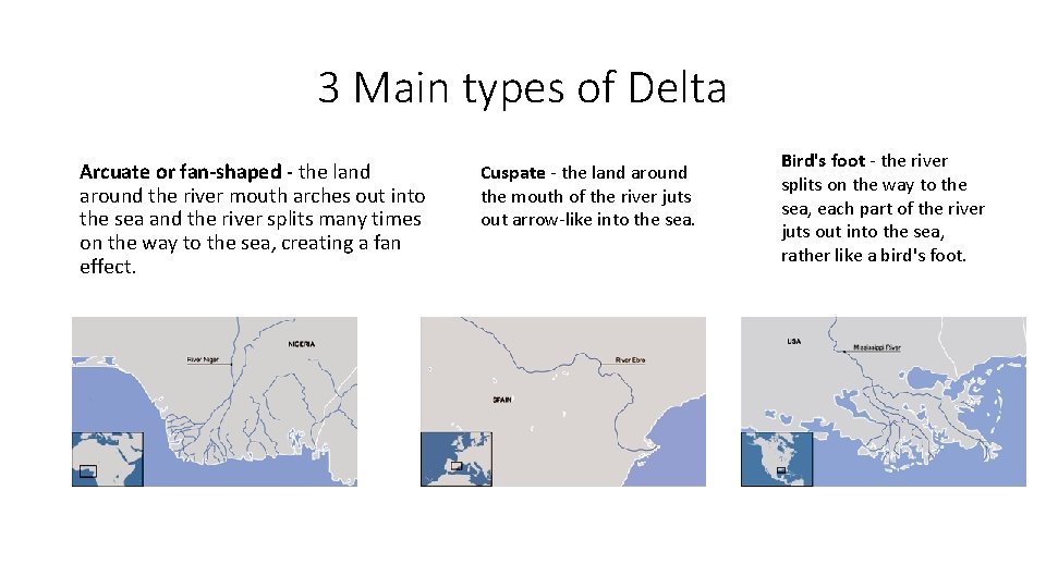 3 Main types of Delta Arcuate or fan-shaped - the land around the river 3 Main types of Delta Arcuate or fan-shaped - the land around the river