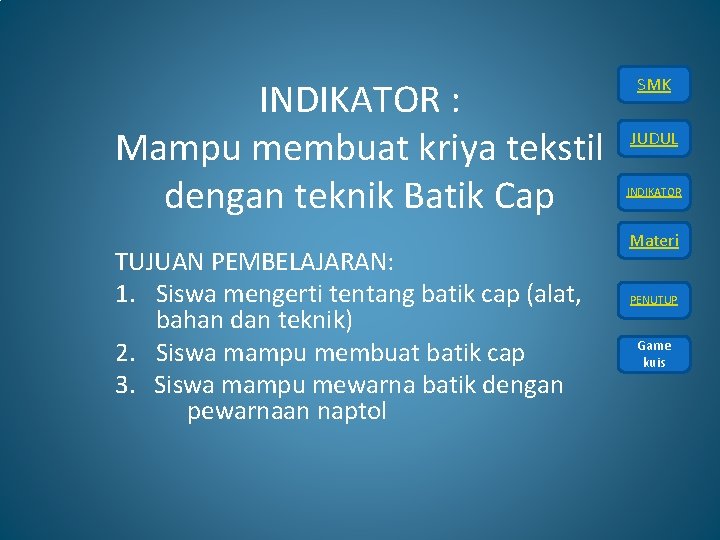 INDIKATOR : Mampu membuat kriya tekstil dengan teknik Batik Cap TUJUAN PEMBELAJARAN: 1. Siswa