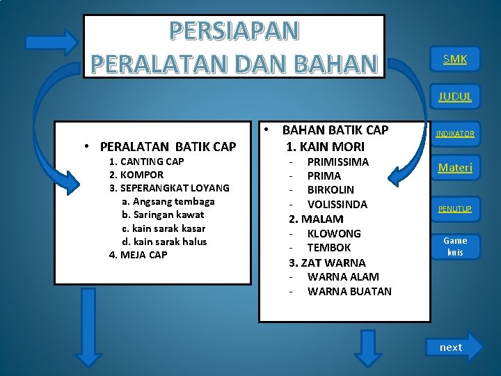 PERSIAPAN PERALATAN DAN BAHAN SMK JUDUL • PERALATAN BATIK CAP 1. CANTING CAP 2.