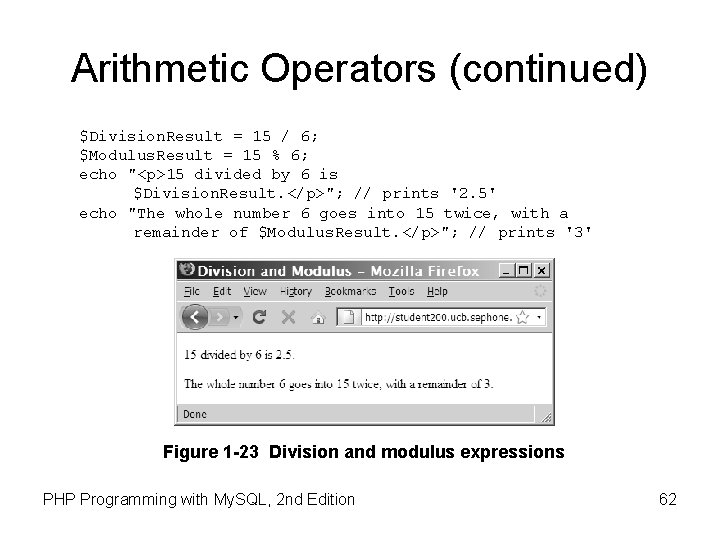 Arithmetic Operators (continued) $Division. Result = 15 / 6; $Modulus. Result = 15 %