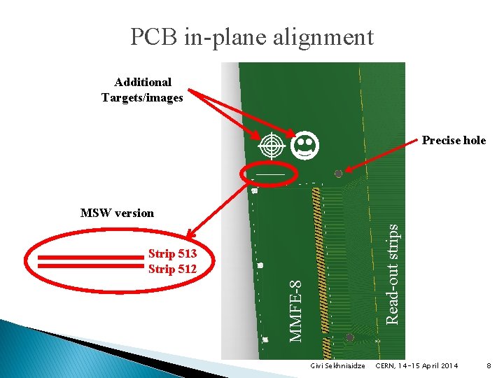 PCB in-plane alignment Additional Targets/images Precise hole Read-out strips MSW version MMFE-8 Strip 513